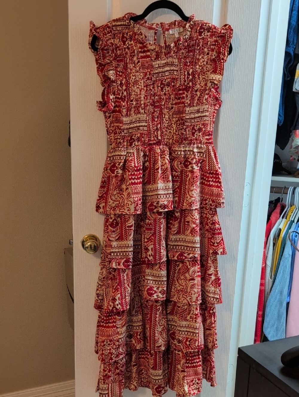 NWOT - TCEC Red and Cream Tiered Ruffle Maxi Dress
